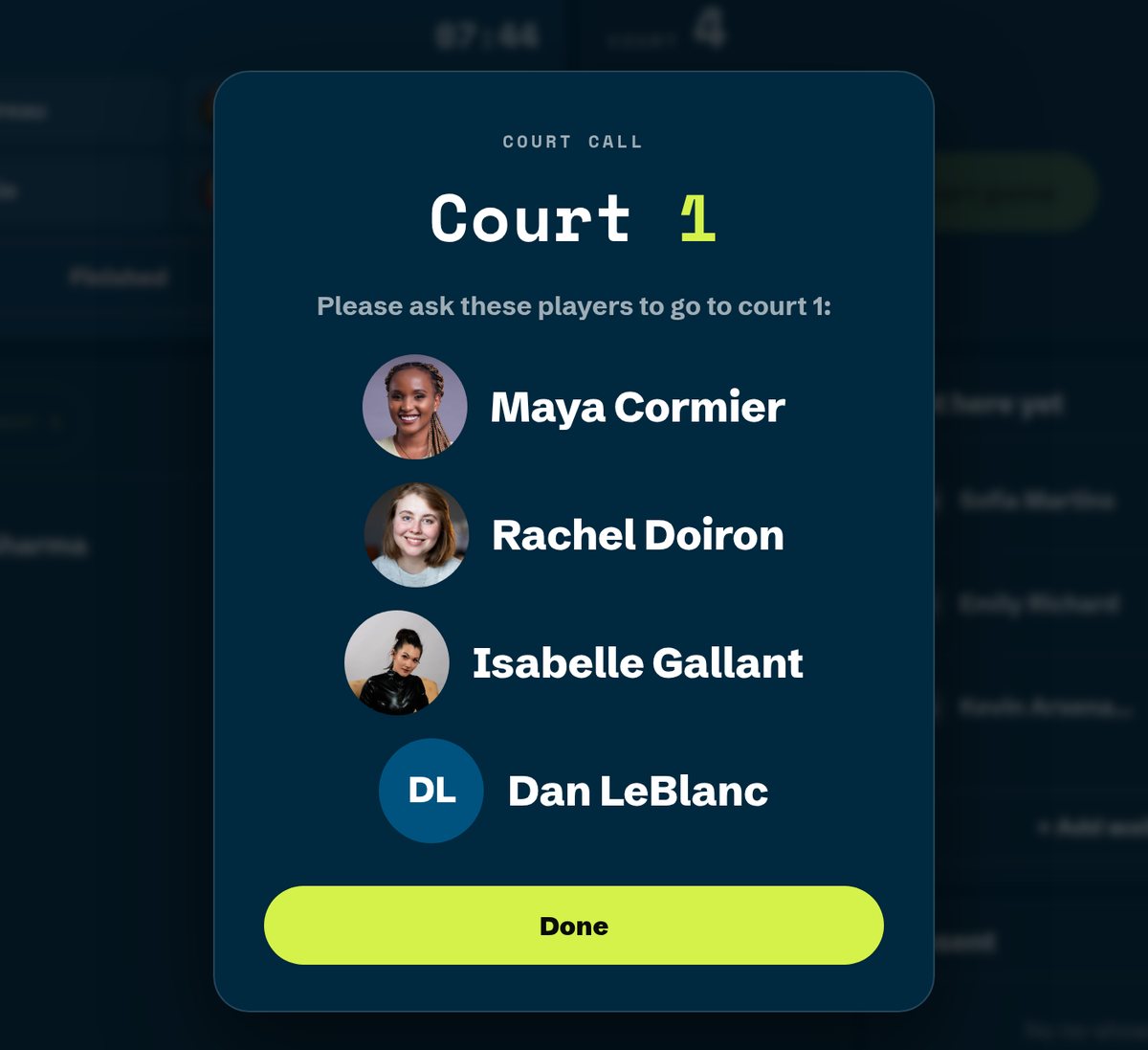 A full-screen prompt naming the four players to send to court 1, with their photos.