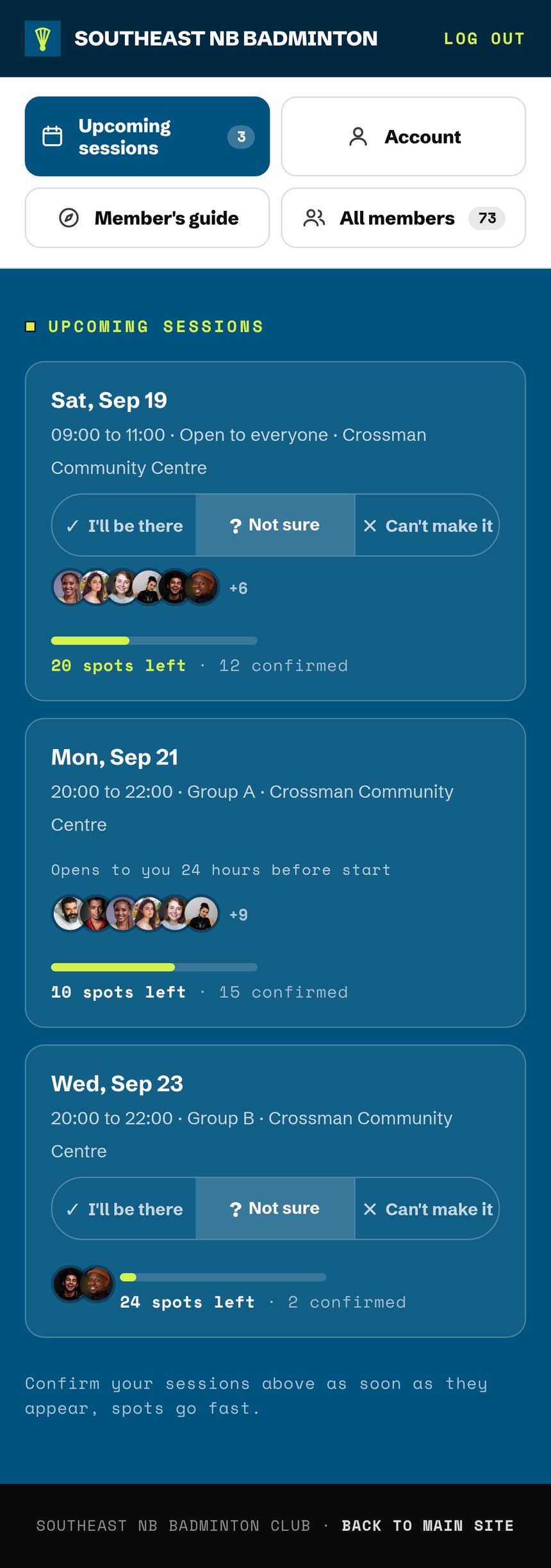 A member's phone showing three upcoming sessions, each with confirm, not sure and decline buttons.